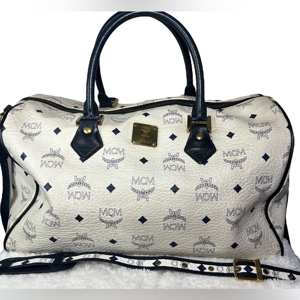 MCM Visetos Weekender Duffle Bag, Vintage White and Navy Blue RARE